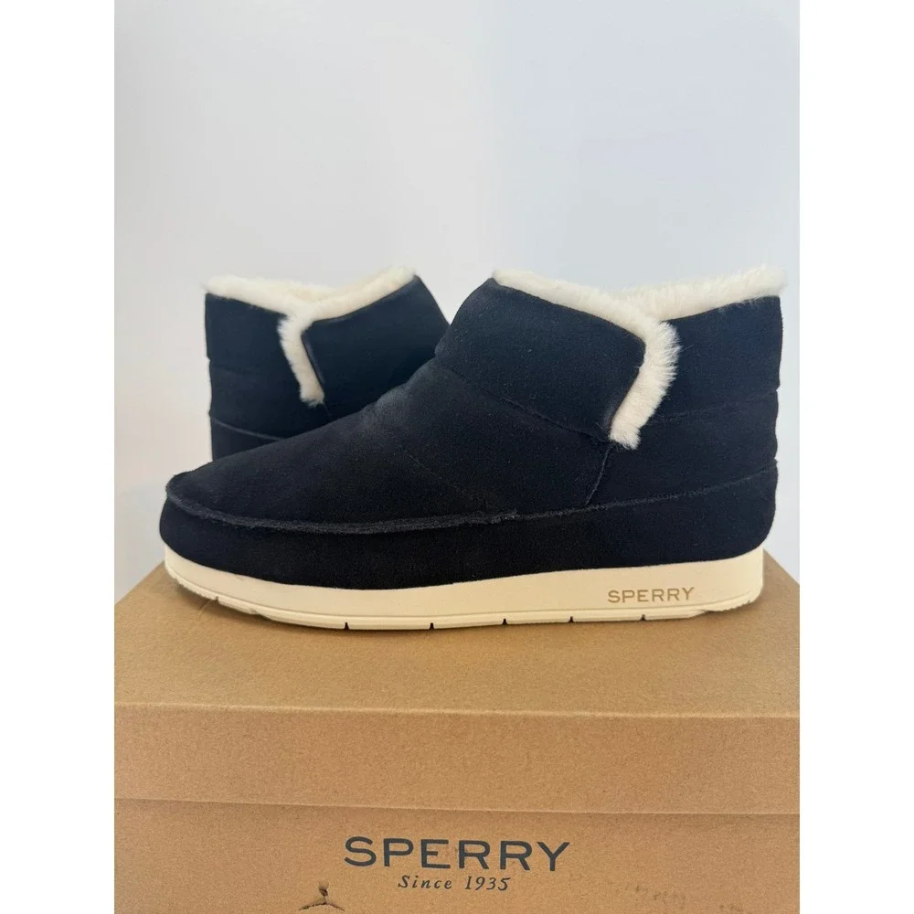 Sperry Mocsider Bootie Black Women's 12M Suede Faux Fur Lined Warm Comfort Shoes